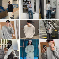 高級灰毛衣男生秋冬季加絨加厚美式復古寬松慵懶風圓領打底針織衫