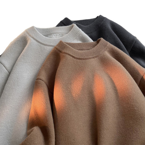 高級灰毛衣男生秋冬季加絨加厚美式復古寬松慵懶風圓領打底針織衫