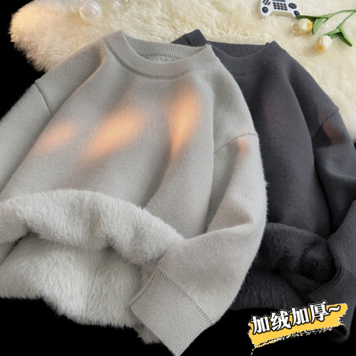 高級灰毛衣男生秋冬季加絨加厚美式復古寬松慵懶風圓領打底針織衫