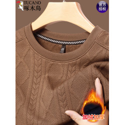 啄木鳥秋冬男士圓領提花衛衣純色休閒內搭上衣保暖加絨加厚針織衫