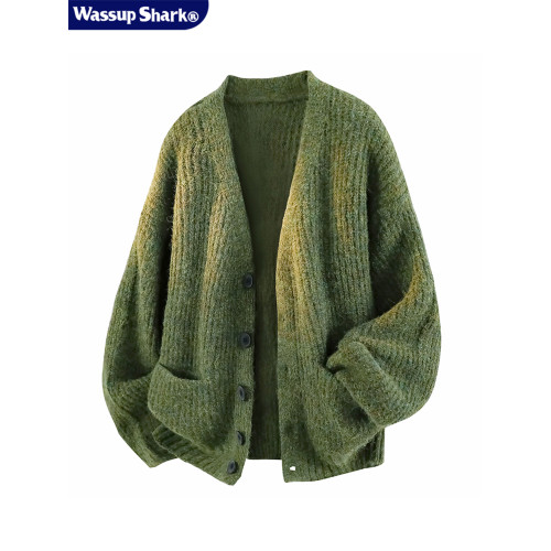 WASSUP SHARK慵懶風開衫毛衣男春秋V領開衫針織毛線衫情侶外套男