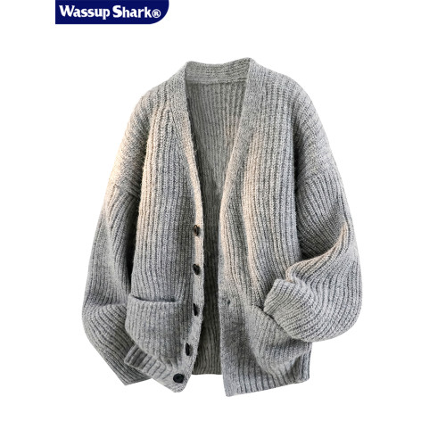 WASSUP SHARK慵懶風開衫毛衣男春秋V領開衫針織毛線衫情侶外套男