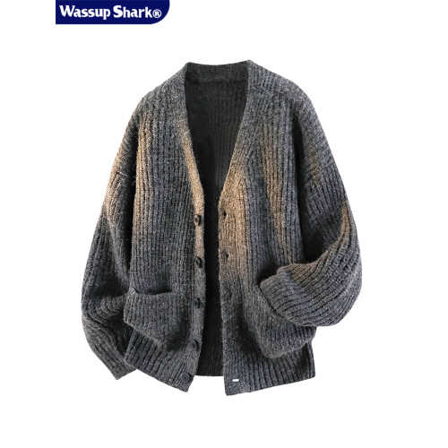 WASSUP SHARK慵懶風開衫毛衣男春秋V領開衫針織毛線衫情侶外套男