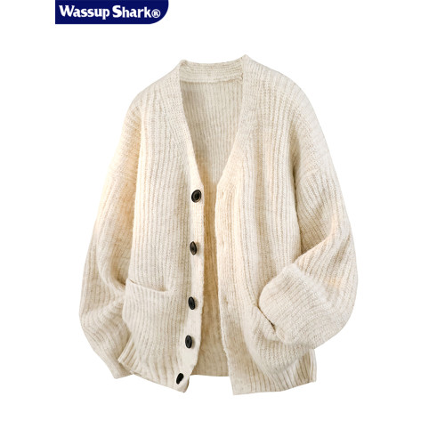 WASSUP SHARK慵懶風開衫毛衣男春秋V領開衫針織毛線衫情侶外套男