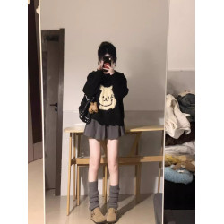 韓系慵懶感穿搭黑色毛衣女秋冬軟糯提花小個子寬松慵懶針織衫上衣