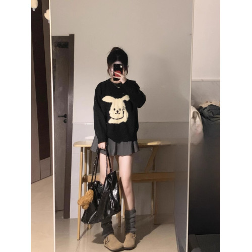 韓系慵懶感穿搭黑色毛衣女秋冬軟糯提花小個子寬松慵懶針織衫上衣