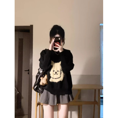 韓系慵懶感穿搭黑色毛衣女秋冬軟糯提花小個子寬松慵懶針織衫上衣