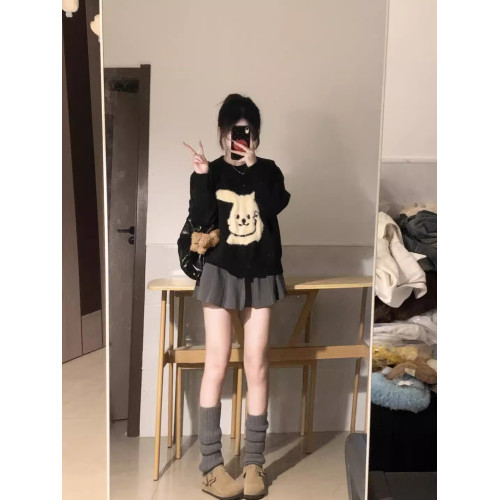 韓系慵懶感穿搭黑色毛衣女秋冬軟糯提花小個子寬松慵懶針織衫上衣