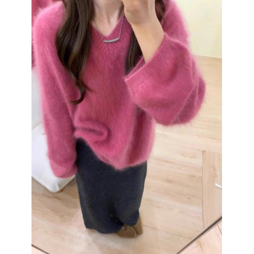 溫柔風玫粉色V領貂毛套頭毛衣女秋冬寬松慵懶軟糯百搭針織衫上衣