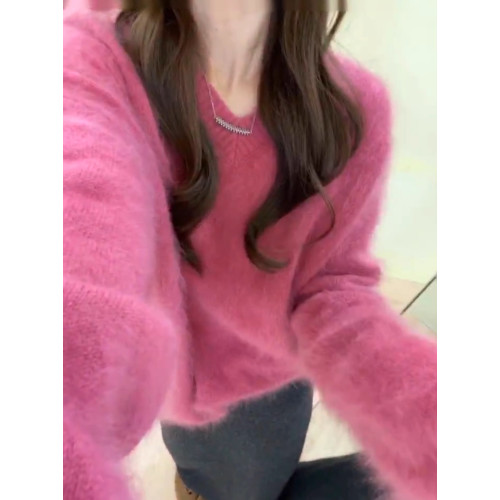溫柔風玫粉色V領貂毛套頭毛衣女秋冬寬松慵懶軟糯百搭針織衫上衣