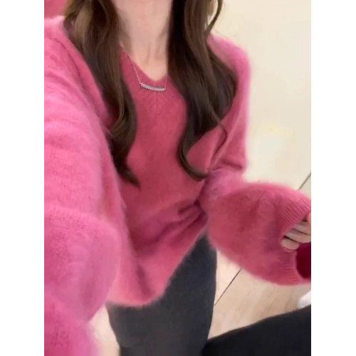 溫柔風玫粉色V領貂毛套頭毛衣女秋冬寬松慵懶軟糯百搭針織衫上衣