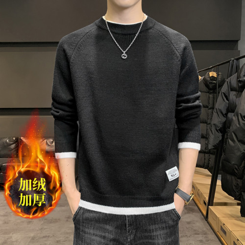雪尼爾毛衣男秋冬季一體加絨加厚款圓領打底衫男士保暖上衣內搭潮