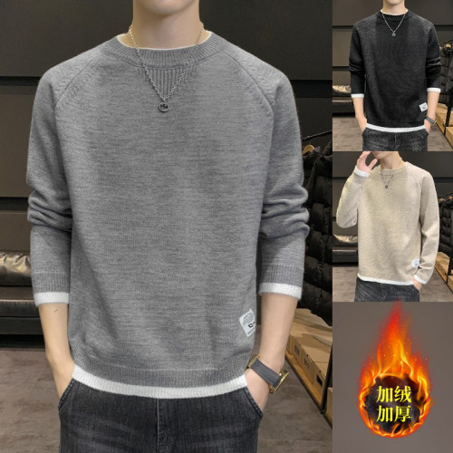 雪尼爾毛衣男秋冬季一體加絨加厚款圓領打底衫男士保暖上衣內搭潮