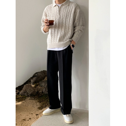 MRCYC半拉鍊麻花針織衫秋季男裝韓系寬鬆百搭設計感繙領套頭毛衣