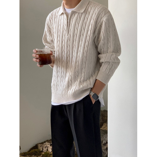 MRCYC半拉鍊麻花針織衫秋季男裝韓系寬鬆百搭設計感繙領套頭毛衣