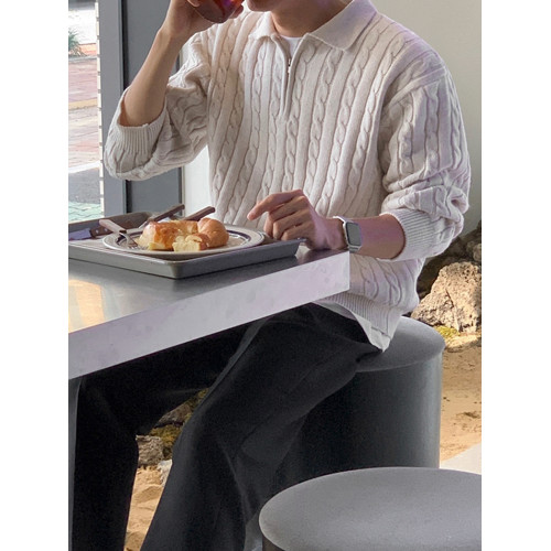 MRCYC半拉鍊麻花針織衫秋季男裝韓系寬鬆百搭設計感繙領套頭毛衣