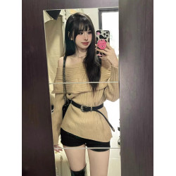 美拉德穿搭辣妹一字肩毛衣女秋冬季2025新款慵懶風軟糯露肩針織衫
