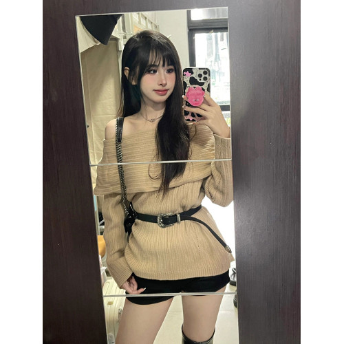美拉德穿搭辣妹一字肩毛衣女秋冬季2025新款慵懶風軟糯露肩針織衫
