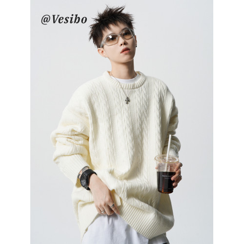 潮牌米白色麻花針織衫毛衣男女冬美式oversize休閒慵懶風內搭上衣 潮牌米白色麻花針織衫毛衣男女冬美式oversize休閒慵懶風內搭上衣