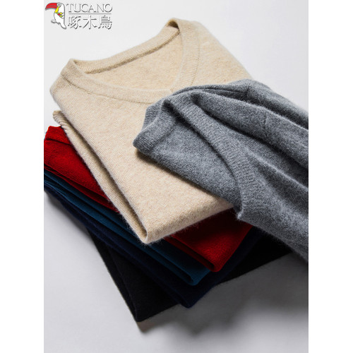 啄木鳥秋冬季加厚男士V領毛衣羊毛衫爸爸裝針織衫羊絨保暖打底衫