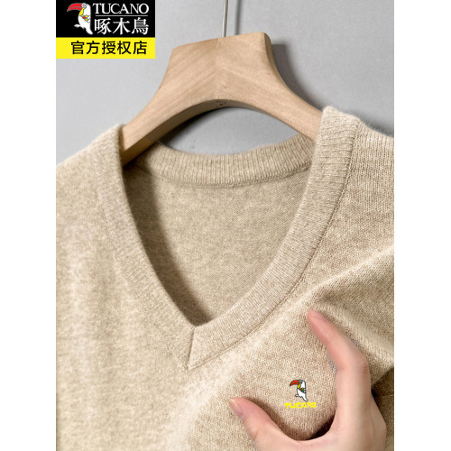 啄木鳥秋冬季加厚男士V領毛衣羊毛衫爸爸裝針織衫羊絨保暖打底衫