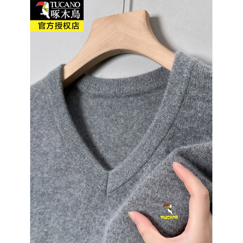 啄木鳥秋冬季加厚男士V領毛衣羊毛衫爸爸裝針織衫羊絨保暖打底衫