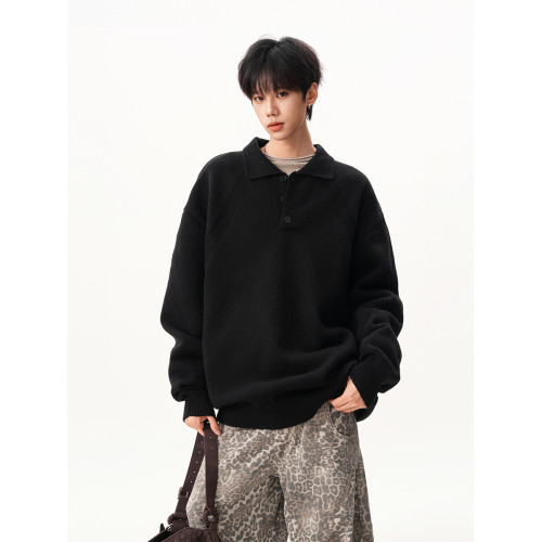 美式cleanfit亨利領毛衣男女冬季潮牌寬松慵懶線衣高密厚實針織衫