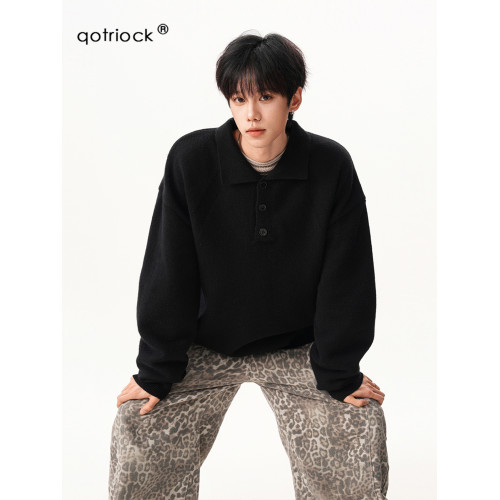 美式cleanfit亨利領毛衣男女冬季潮牌寬松慵懶線衣高密厚實針織衫