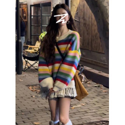 2025新款慵懶風彩虹條紋針織毛衣女秋冬季內搭高級感寬松加厚上衣