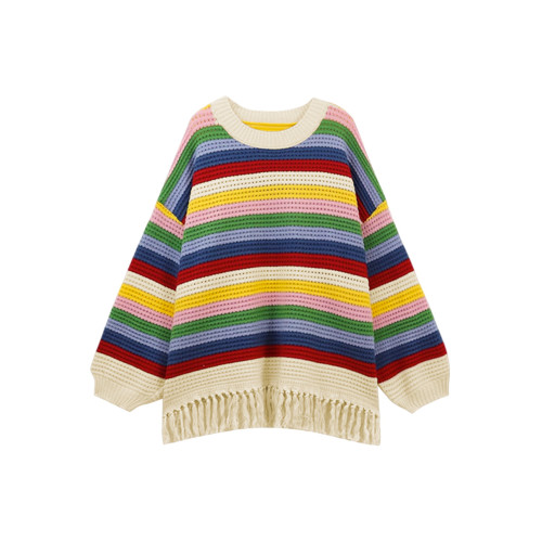 2025新款慵懶風彩虹條紋針織毛衣女秋冬季內搭高級感寬松加厚上衣