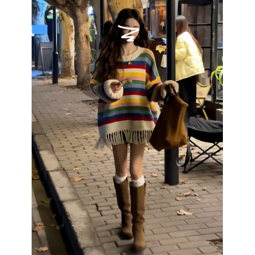 2025新款慵懶風彩虹條紋針織毛衣女秋冬季內搭高級感寬松加厚上衣