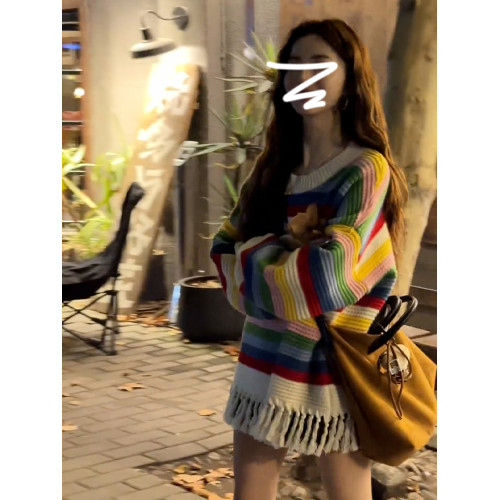 2025新款慵懶風彩虹條紋針織毛衣女秋冬季內搭高級感寬松加厚上衣