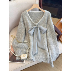 法式高級感大蝴蝶結V領毛衣女2025秋季大碼胖mm中長款針織衫上衣