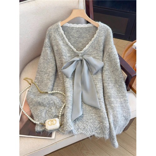 法式高級感大蝴蝶結V領毛衣女2025秋季大碼胖mm中長款針織衫上衣