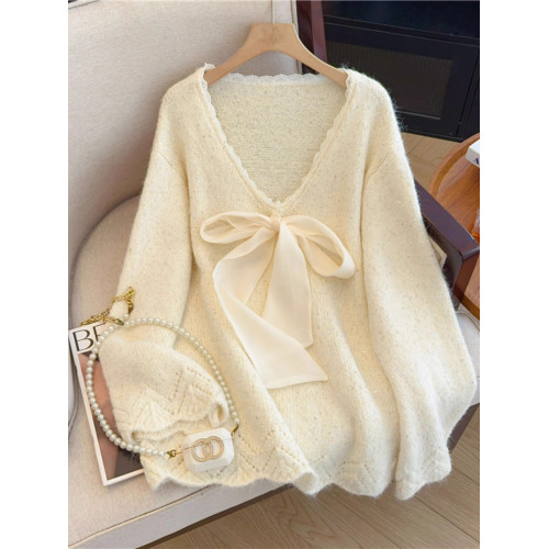 法式高級感大蝴蝶結V領毛衣女2025秋季大碼胖mm中長款針織衫上衣