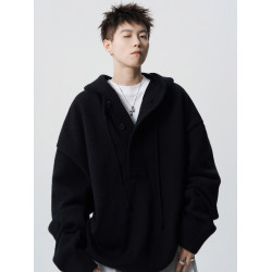 潮牌慵懶風針織衫男冬季美式高級感cleanfit毛衣高街休閒連帽外套