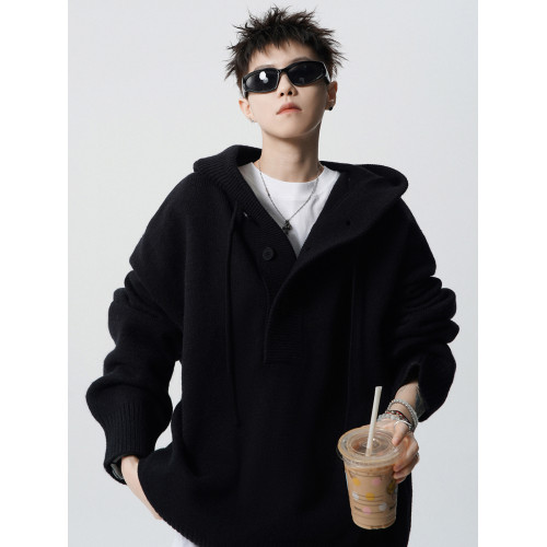 潮牌慵懶風針織衫男冬季美式高級感cleanfit毛衣高街休閒連帽外套