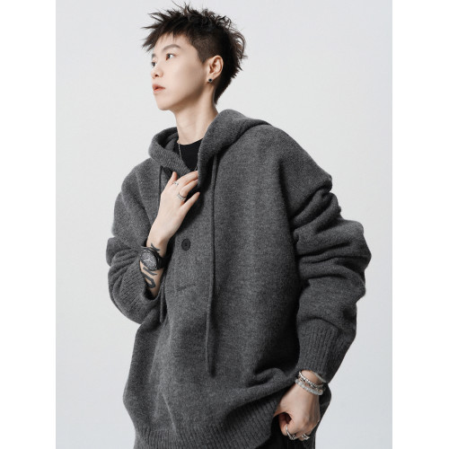 潮牌慵懶風針織衫男冬季美式高級感cleanfit毛衣高街休閒連帽外套