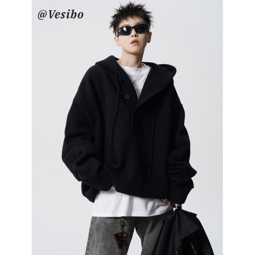 潮牌慵懶風針織衫男冬季美式高級感cleanfit毛衣高街休閒連帽外套