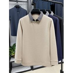 春秋男士長袖T恤2025新款潮流休閒襯衫領純棉假兩件秋裝上衣外穿