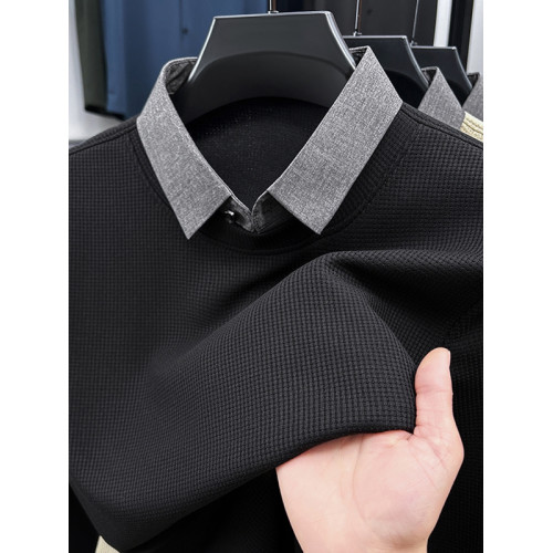 春秋男士長袖T恤2025新款潮流休閒襯衫領純棉假兩件秋裝上衣外穿