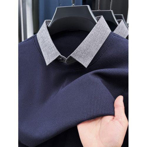 春秋男士長袖T恤2025新款潮流休閒襯衫領純棉假兩件秋裝上衣外穿