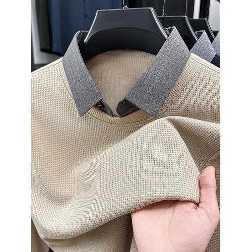 春秋男士長袖T恤2025新款潮流休閒襯衫領純棉假兩件秋裝上衣外穿