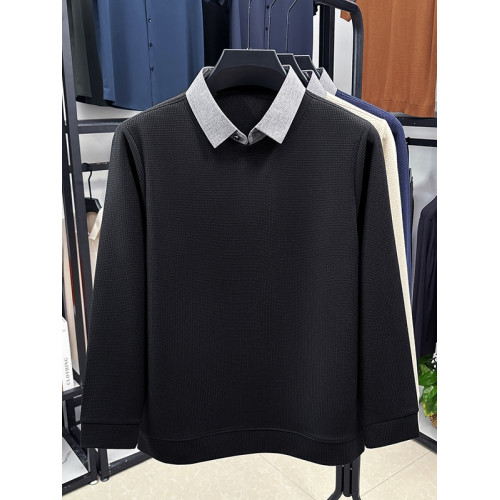 春秋男士長袖T恤2025新款潮流休閒襯衫領純棉假兩件秋裝上衣外穿