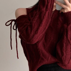 法式復古針織毛衣女秋冬慵懶風小衆鏤空露肩綁帶寬松百搭長袖上衣