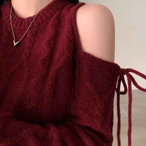 法式復古針織毛衣女秋冬慵懶風小衆鏤空露肩綁帶寬松百搭長袖上衣