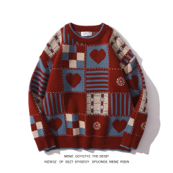 美式復古格子聖誕ins新年毛衣紅色兔年秋冬季慵懶情侶針織衫外套