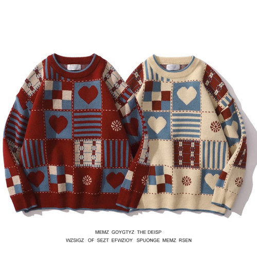 美式復古格子聖誕ins新年毛衣紅色兔年秋冬季慵懶情侶針織衫外套 美式復古格子聖誕ins新年毛衣紅色兔年秋冬季慵懶情侶針織衫外套