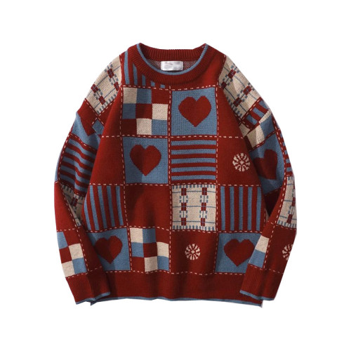 美式復古格子聖誕ins新年毛衣紅色兔年秋冬季慵懶情侶針織衫外套 美式復古格子聖誕ins新年毛衣紅色兔年秋冬季慵懶情侶針織衫外套