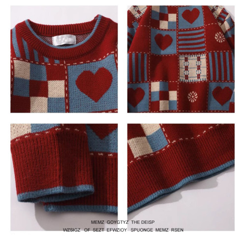 美式復古格子聖誕ins新年毛衣紅色兔年秋冬季慵懶情侶針織衫外套 美式復古格子聖誕ins新年毛衣紅色兔年秋冬季慵懶情侶針織衫外套